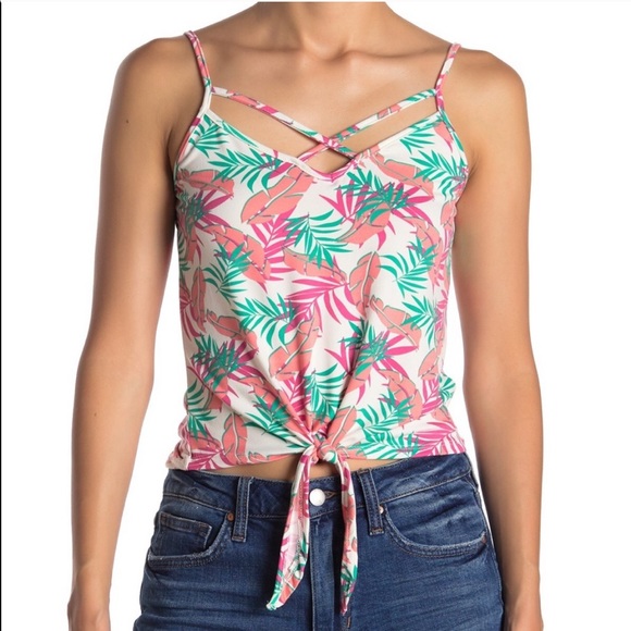 NWTs POOF Tropical Leaf White Criss Cross Tank Top - Picture 1 of 7